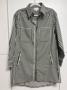 Striped Long Shirt Jacket in Olive and White